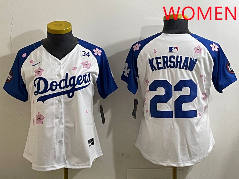 Women Los Angeles Dodgers 22 Kershaw White Blue Sakura Edition 2025 Nike MLB Jersey style 7